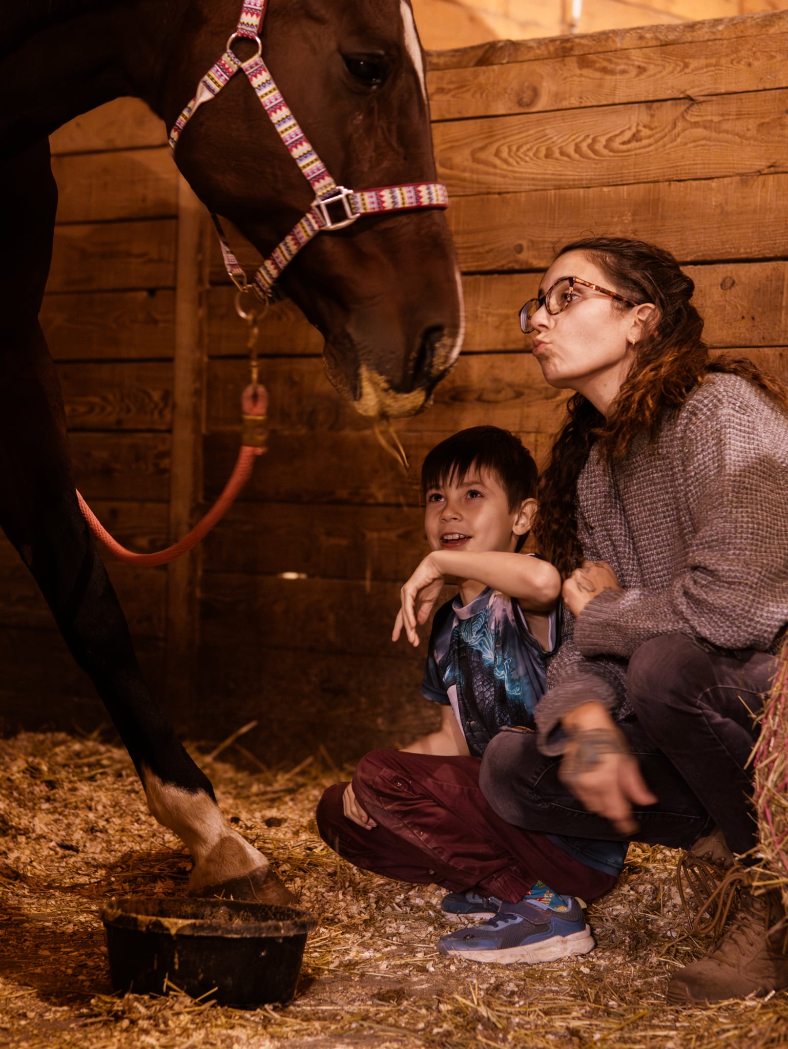 À l'intérieur d'une étable sombre avec des murs en planches de bois, un cheval brun foncé (dont on ne voit que la tête, le cou et les jambes avant) se penche vers un jeune garçon et une femme qui sont accroupis dans la paille. La femme porte des lunettes et fait un baiser en direction du cheval. Le garçon sourit et regarde la femme.